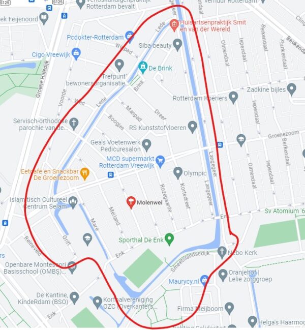 DTM hele gebied Molenwei, inmeten bestaande weg en bomen, rioleringen